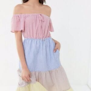 Urban Outfitters Seersucker Color Block Maxi Dress Cottage Western Cowboy Preppy